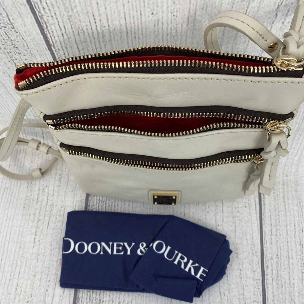Dooney & Bourke Apollo Triple Zip Crossbody Bag Ivory Leather Adjustable Travel